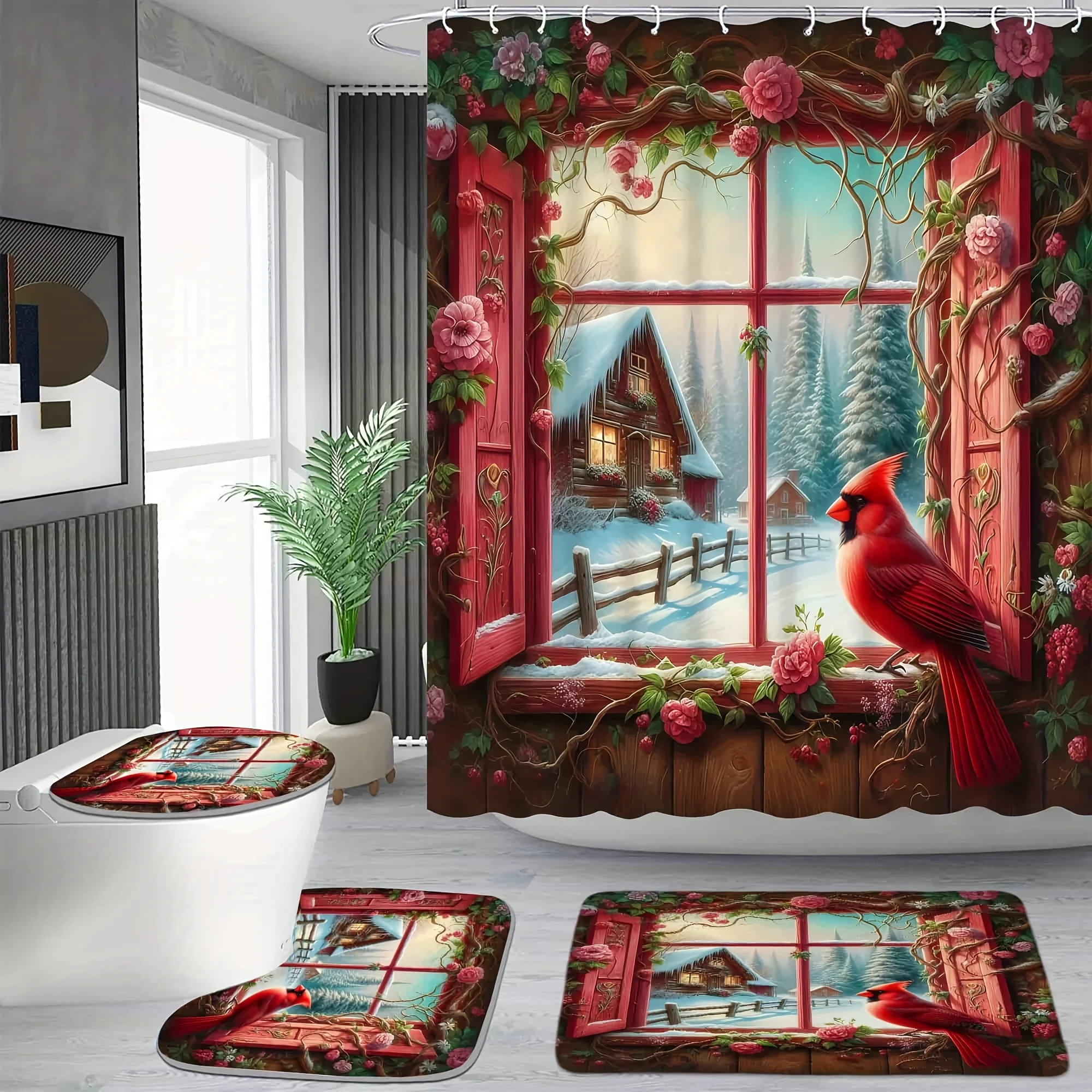 4Pcs Wooden Window Flower Shower Curtain Set, Rustic Bathroom Decor with 12 Hooks,Non-slip Mat & Toilet Lid Pad, Bathtub Divider