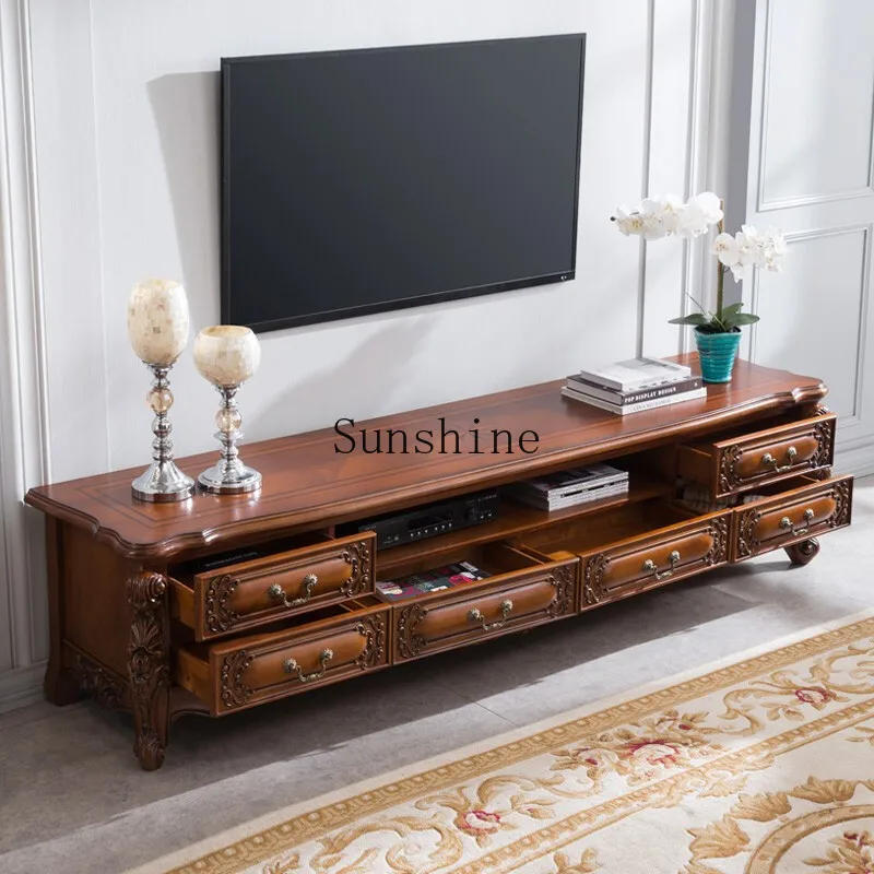 

American-style all-solid wood TV cabinet, coffee table, combined with carved furniture