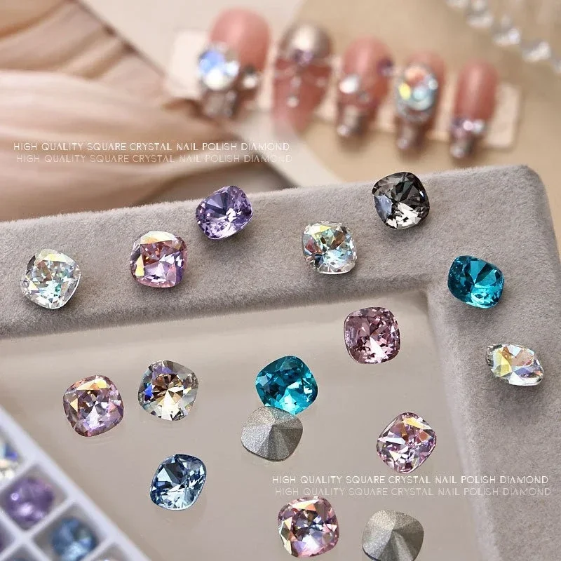 5Pcs High Quality Multi-faceted Fat Square Pointed Back Nail Rhinestones, Sparkly 8MM Large Glass Crystal Nail Cluster Decor