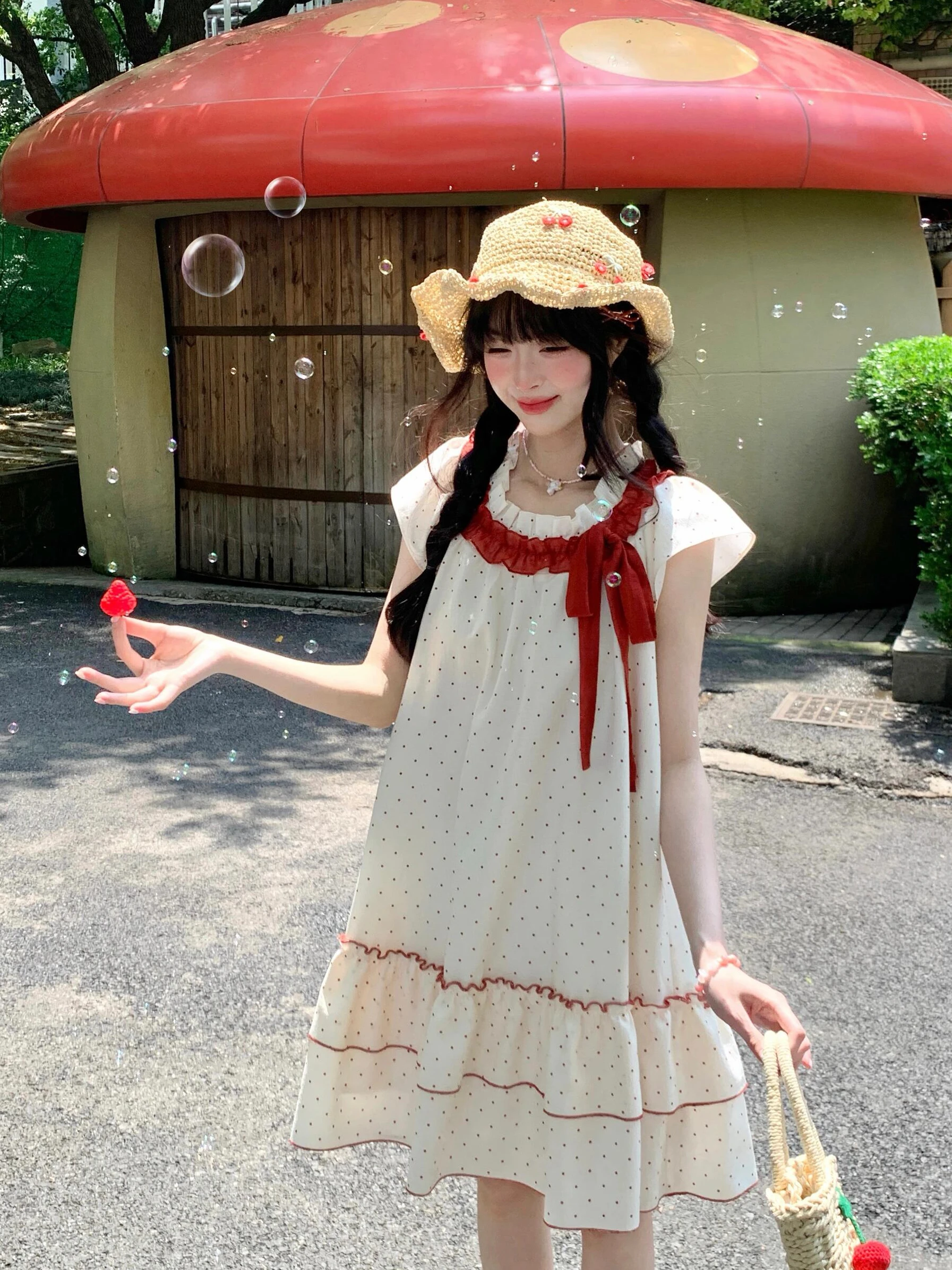 

Cute Polka Dot Dress Women's Summer Loose Slimming Short Skirt Knot Cake Style Fly Sleeve Breathable Skin-Frie...