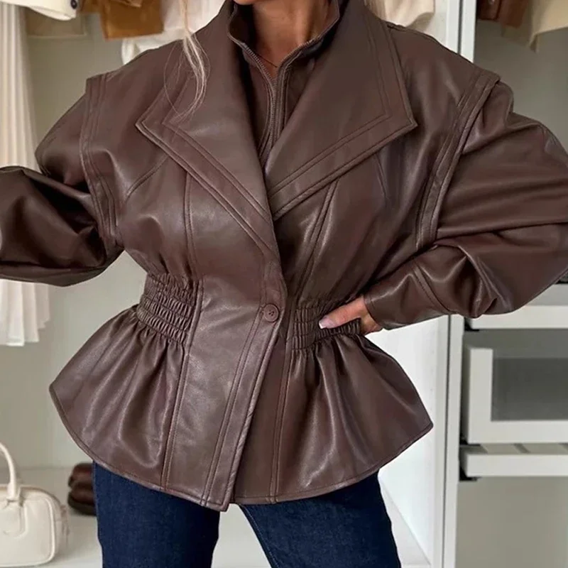 Cardigan con lacci con risvolto alla moda High Street Cappotto casual solido Capispalla Autunno Inverno PU Giacche in similpelle per le donne