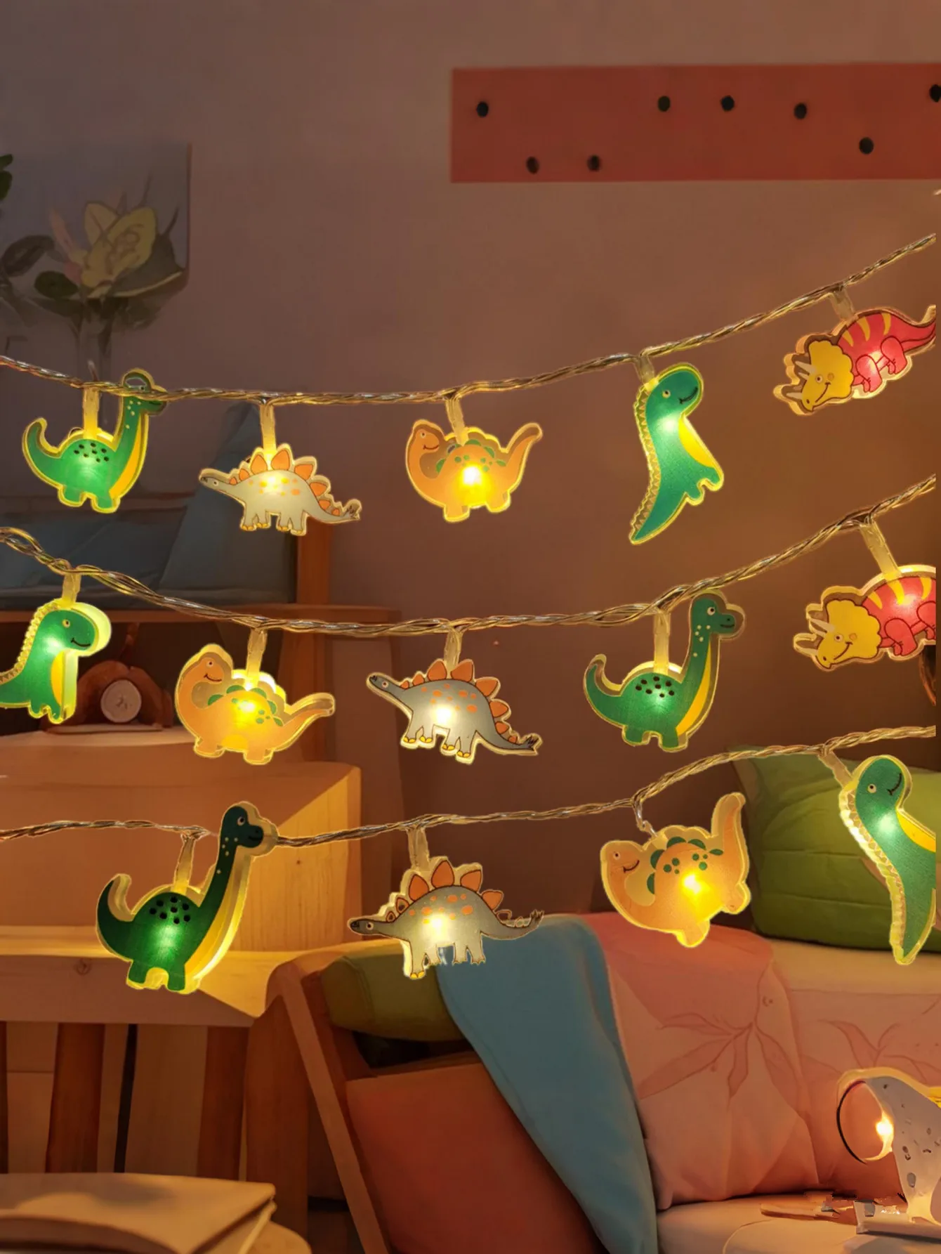 Cartoon Dinosaur LED Fairy String Lights Kids Bedroom Birthday Party Indoor Warm Decor Lamp Gift
