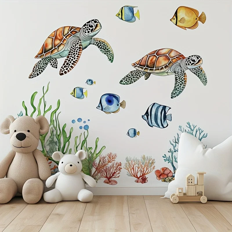 Boho Colorful Sea Turtle Grass Wall Stickers Bathroom Bedroom Classic Underwater Fish Animal Wall Decals Living Room Home Decor