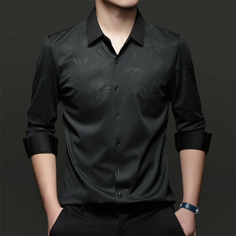 Wrinkle-Free Seamless Shirts For Men Long Sleeve Rivet All Match Spring New Quality Smooth Comfortable Elastic Camisas De Hombre
