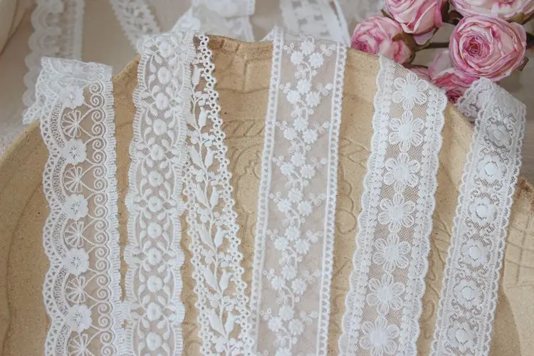 3yards/lot Paper white Cotton Embroidered Lace Trims Double Size Crochect Flower Mesh Wedding Lace Material X929