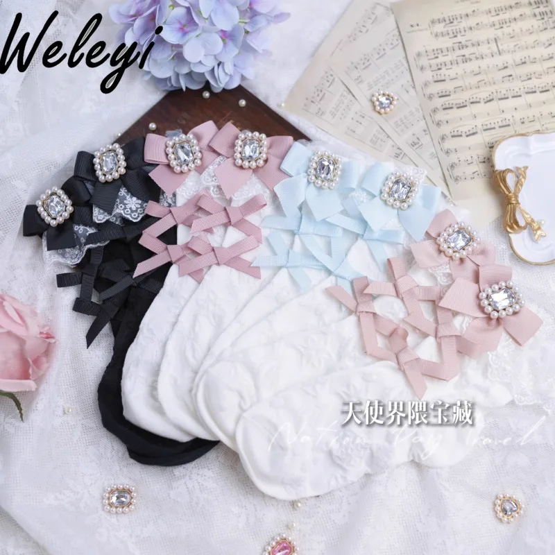 Mass Production Mine Series Japanese Liz Socks 2024 Jirai Kei Student Sweet Lolita Girl Pearl Rhinestone Cotton Short Tube Socks