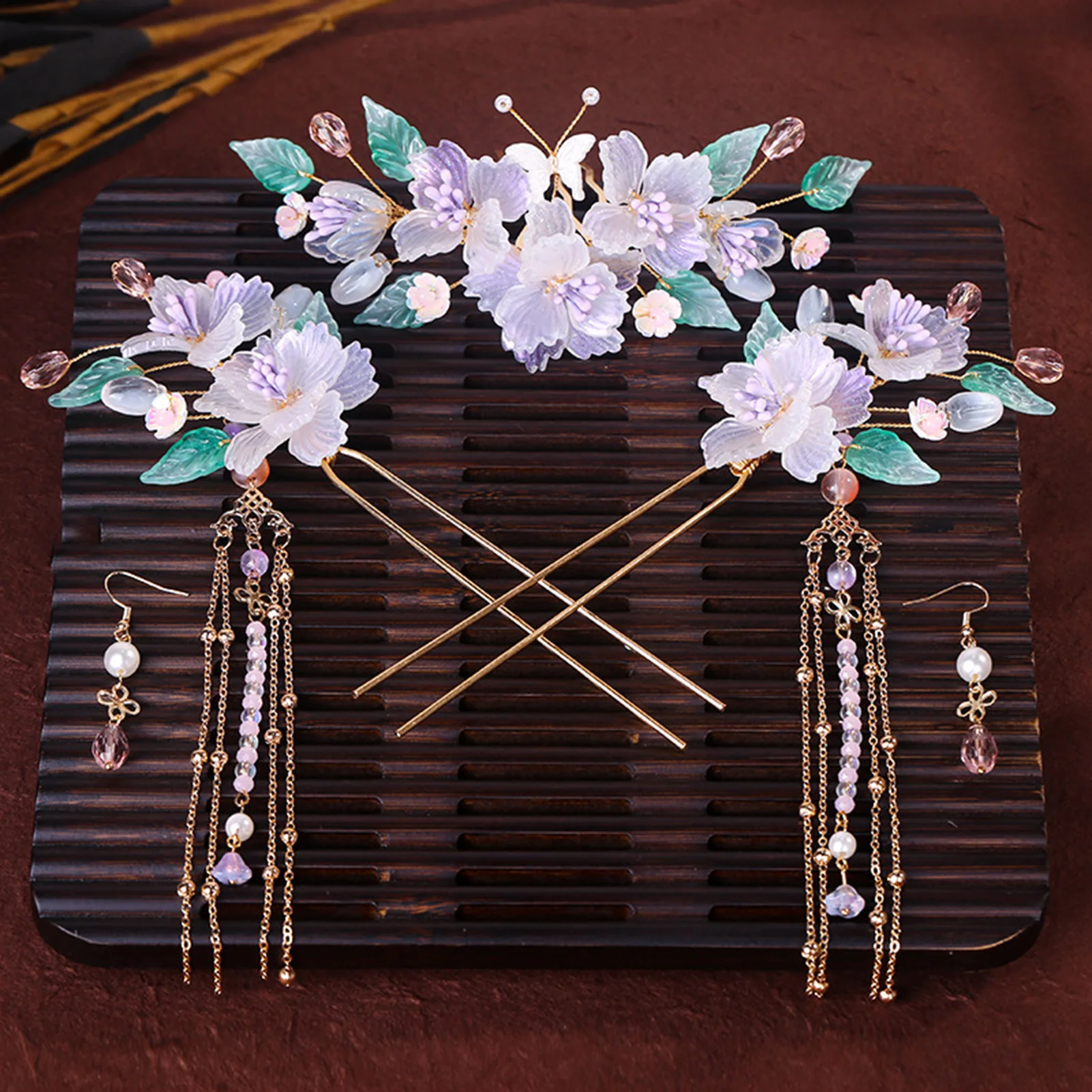 

Ancient Hanfu Hair Sticks Accessories Set Long Tassel Flower Hairpin Haircomb Set Bridal Headdress Chinese Wedding Hair Jewelry