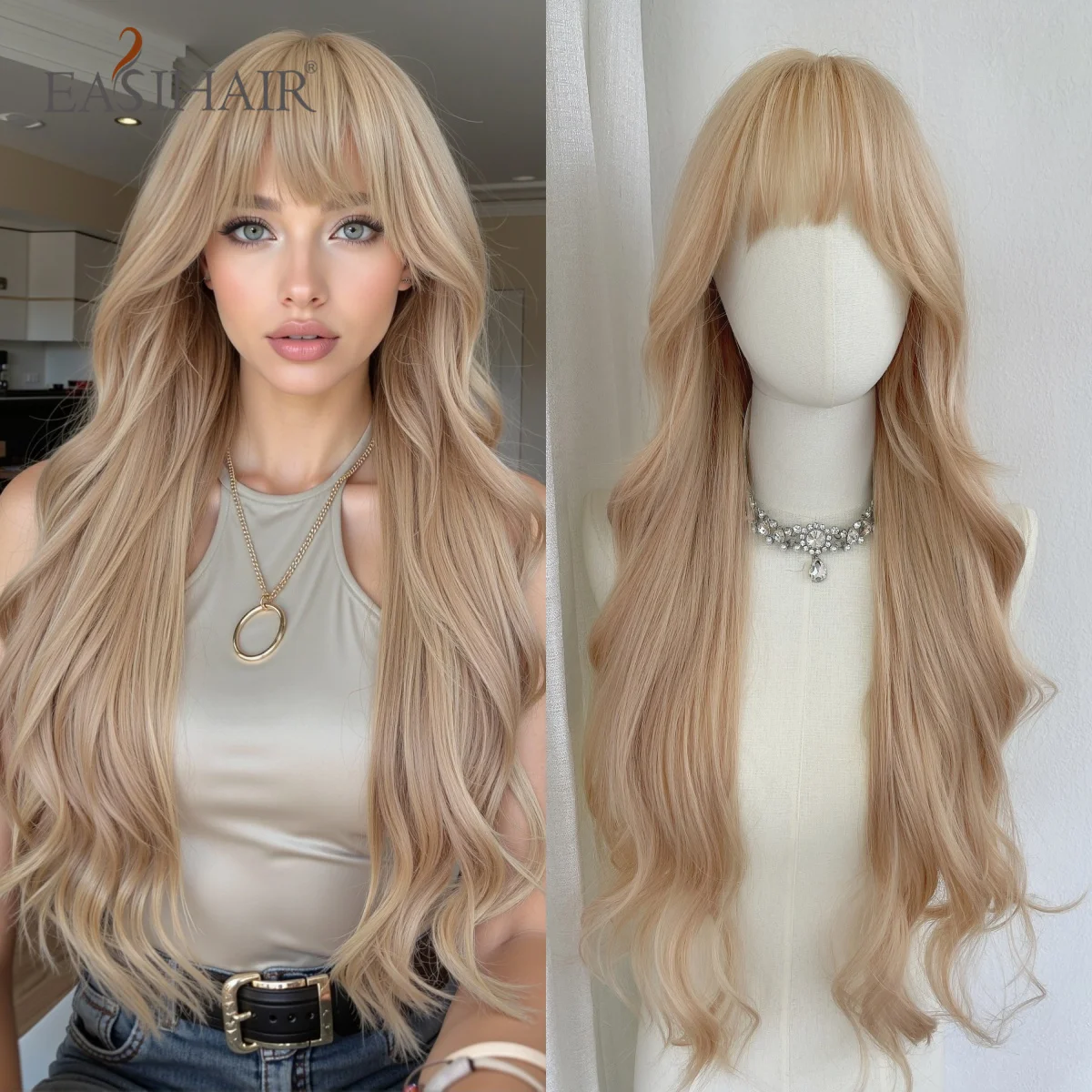 

Long Blonde Natural Wave Synthetic Wigs with Bangs Christmas Daily for Women Heat Resistant Blonde Wavy Cosplay Party Hair Wig