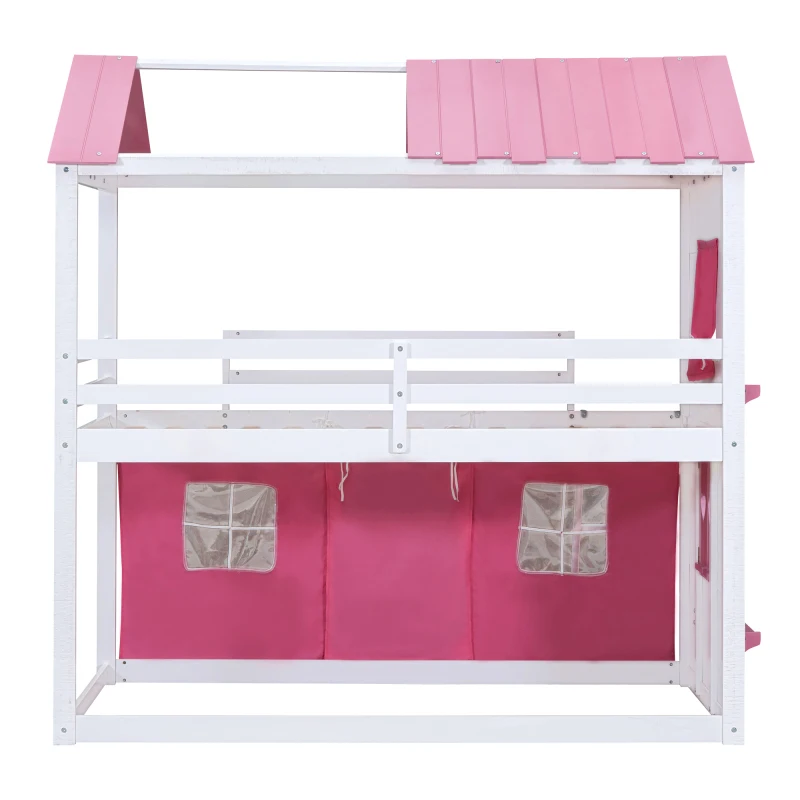 Twin Size Stapelhouten Huisbed Met Elegante Ramen, Dorpels En Tent, Roze Wit