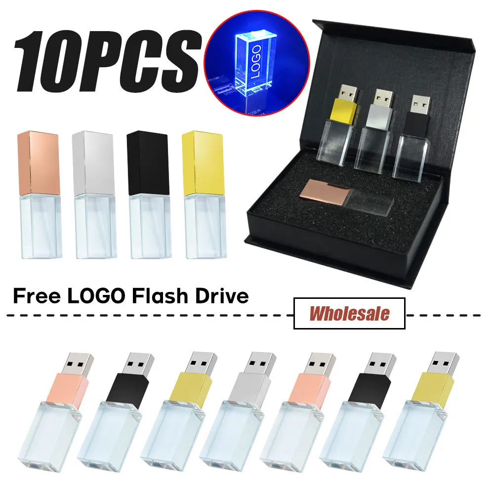 10 PCS LOT Crystal USB 2.0 Flash Drive 128G Free Custom logo Pen Drive 64G Wedding Gifts Memory Stick 32G 16G Cle U Disk 8GB 4GB