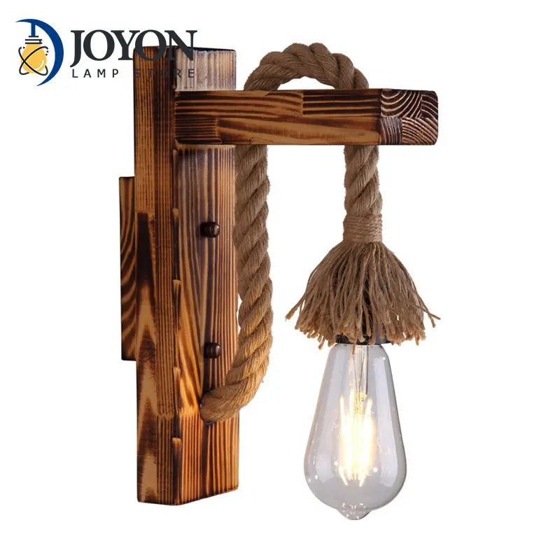 

American Wood Wall Lamp Retro Vintage Light Stair Aisle Corridor Decorative Hemp Rope Wall Lamp Bedroom E27 Bedside Light