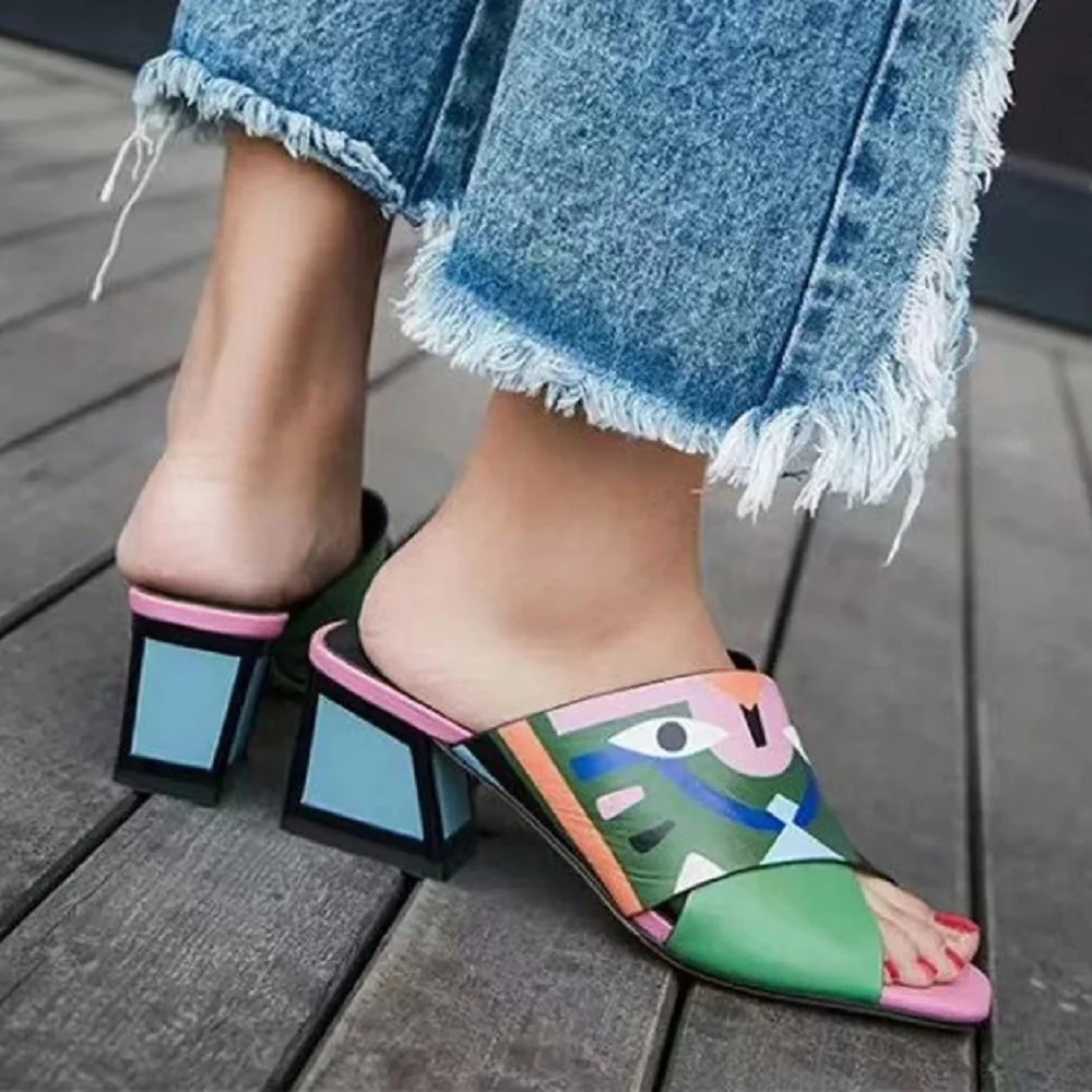 【JOCHEBED HU】Graffiti woman slippers mixed colors peep toe shoes for women mid heels summer sandals eyes printed fashion 33-43