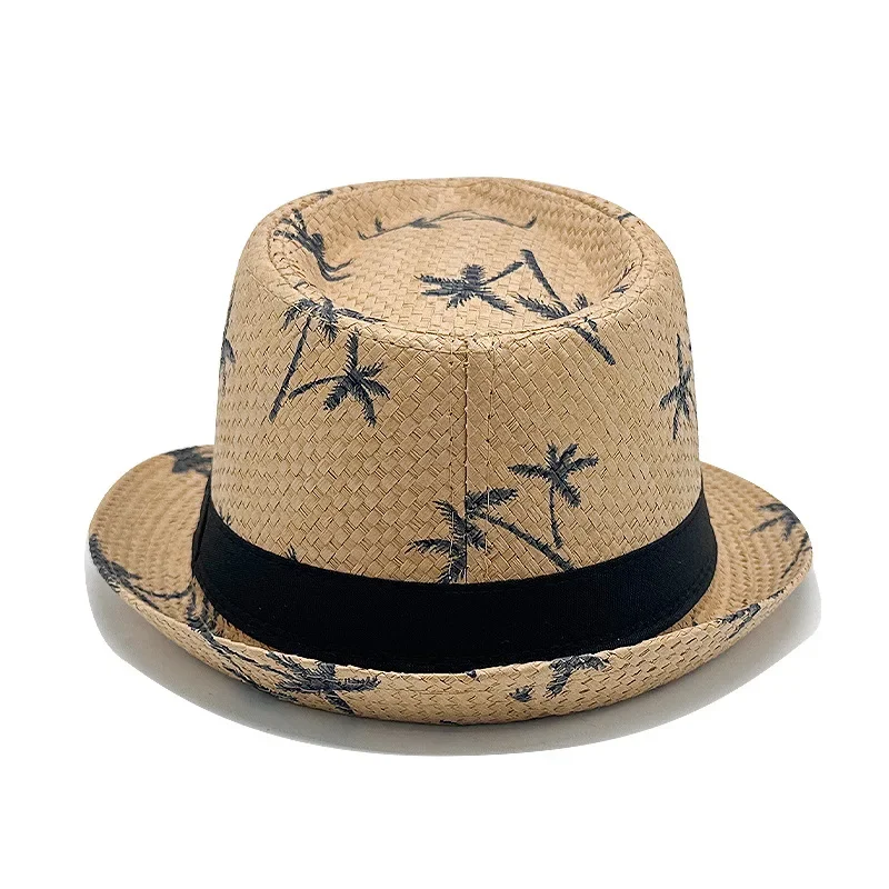 

Men's Straw Fedora Hat Summer Brim Paper Braided Hat Beach Cap with Print UPF