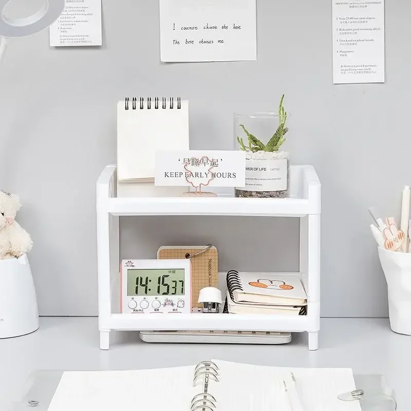 1PC PP Desktop Double Layer Storage Rack Rectangular White Organizing Student Desk Office Cosmetics Stationery