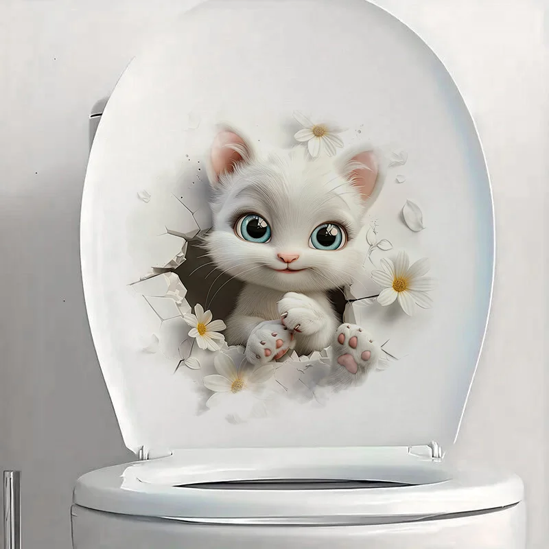 

90795# Cute White Cat Toilet Stickers, Bright Wall for Home, Cabinet, Door,Decoration, Vinyl Car Decals, Outdoor Indoor Use