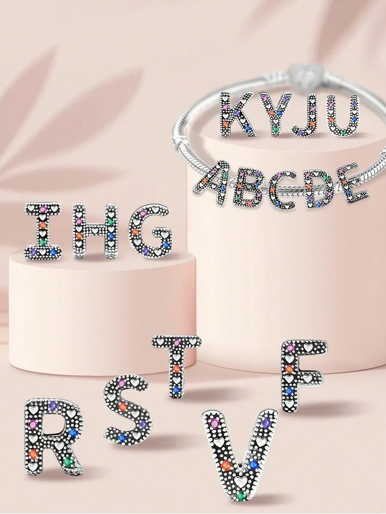 Abalorio de plata de ley 925 con 26 letras coloridas a la moda, apto para pulseras de mujer, regalo DIY, joyería de calidad alta
