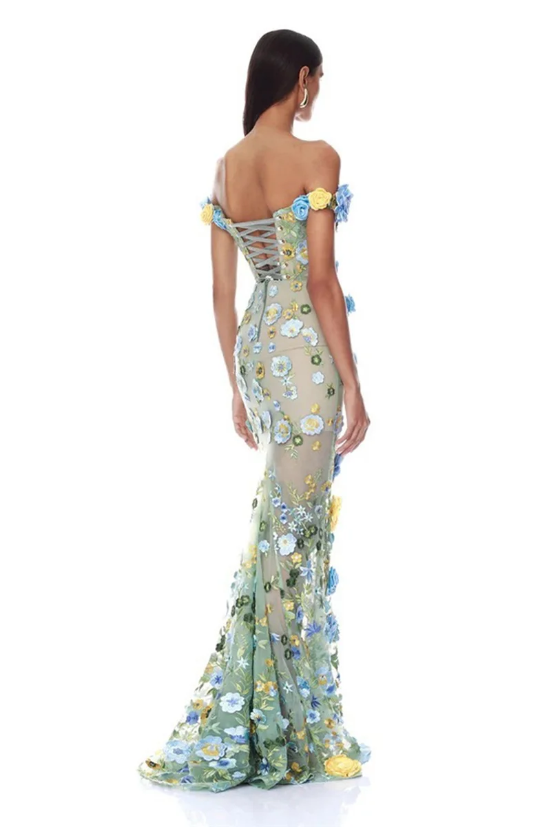 Green Floral Embroidered Prom Dress Off‑Shoulder Mermaid Mesh Lace‑Up Slim‑Fit Party Gown Elegant Sheer Evening Wedding Robe