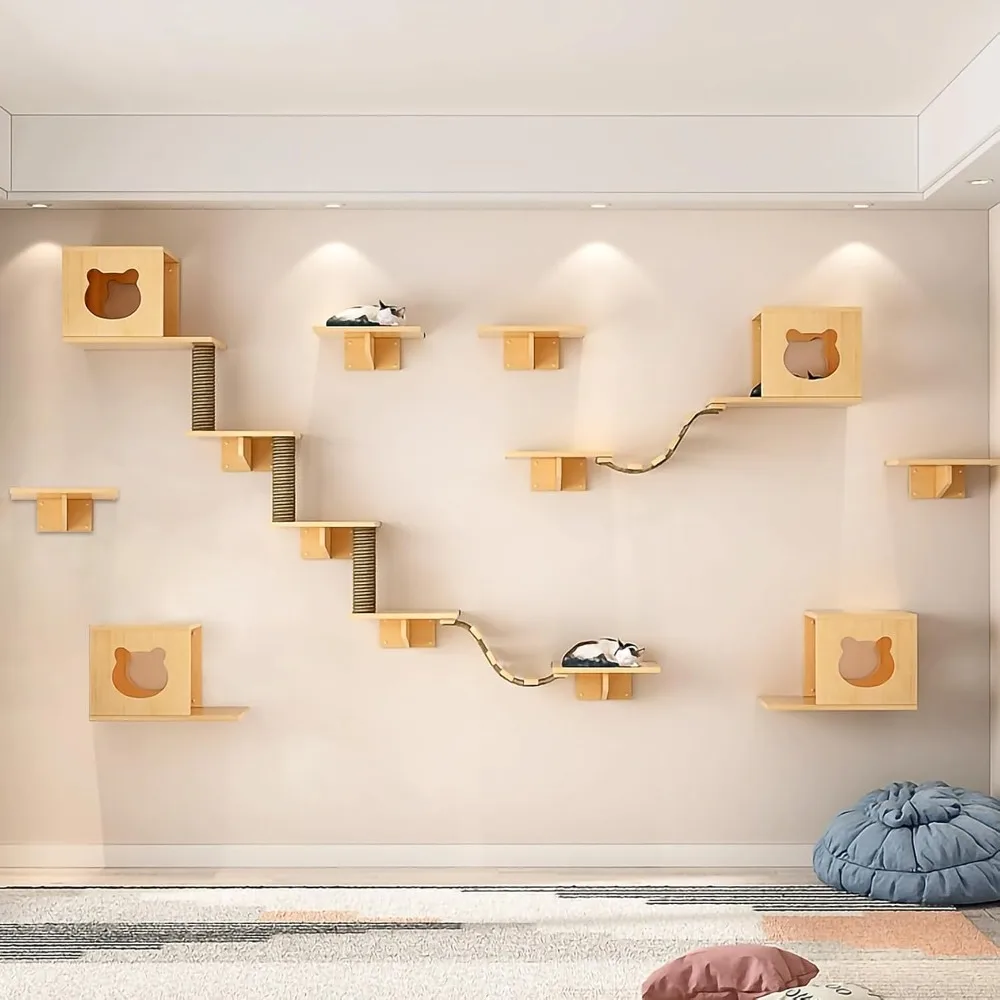

Cat Wall Shelves, Cat Wall Furniture, Cat Shelves and Perches for Wall, Cat Wall Steps Set with 4 Cat Condos House, 9 Cat perche