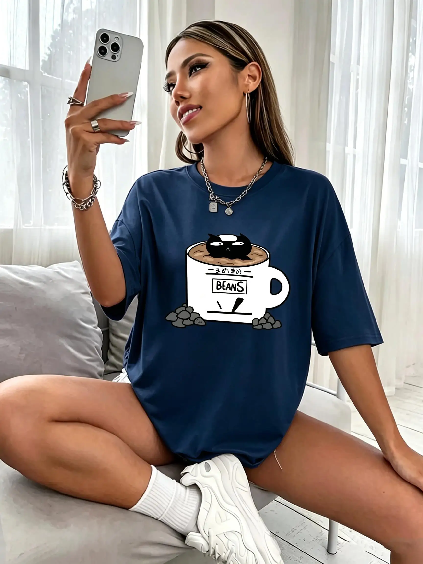 Cat In Coffee Beans Cup Printing Tee Shirts O-Neck Loose Short Sleeve Trendy Cotton Sportswear Comfortable Summer T-Shirt