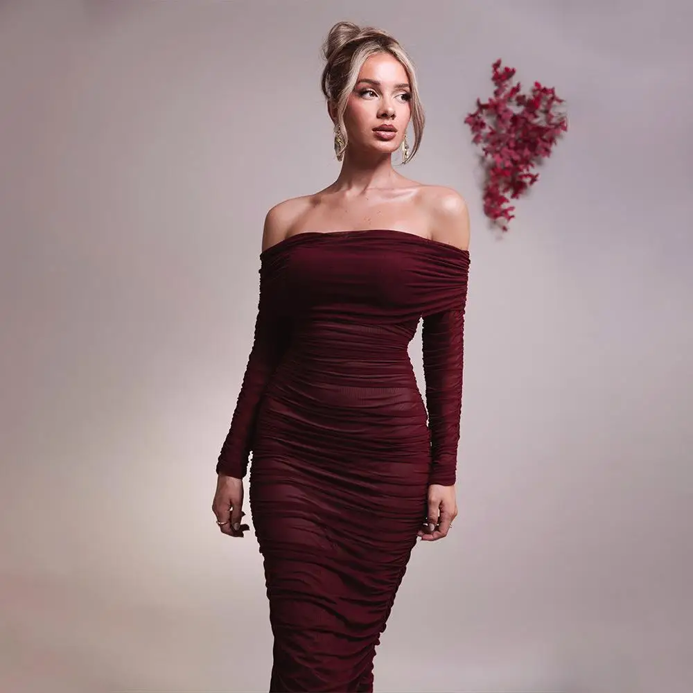 เสื้อผ้าผู้หญิงแบบยาว ผ้าพลีท ไหล่เดียว เอวสูง ผลิตจากเส้นใยโพลีเอสเตอร์ 100% สไตล์ลำลองแบบพันรอบอก