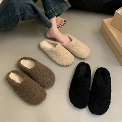 Soft Lambswool Mules Woman Winter Outdoor Plush Slip-on Flat Zapatos Ladies  Teddy Fur Slipper Loafers Warm Cotton Home Shoes