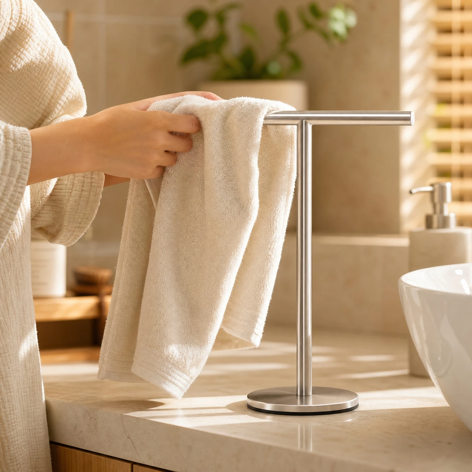 Stainless Steel T-Shaped Towel Stand Rustproof Single-Bar Freestanding Towel Rack Easy to Assemble Non-Slip for Bathroom