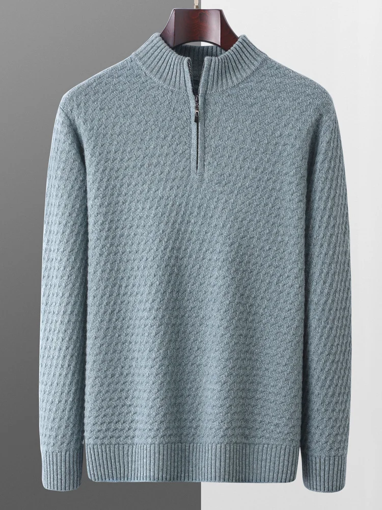Men's Jacquard  Zipper Pullover Autumn Winter Thick Smart Casual Sweater 100% Merino Wool Knitwear Solid Colo Warm Soft Tops