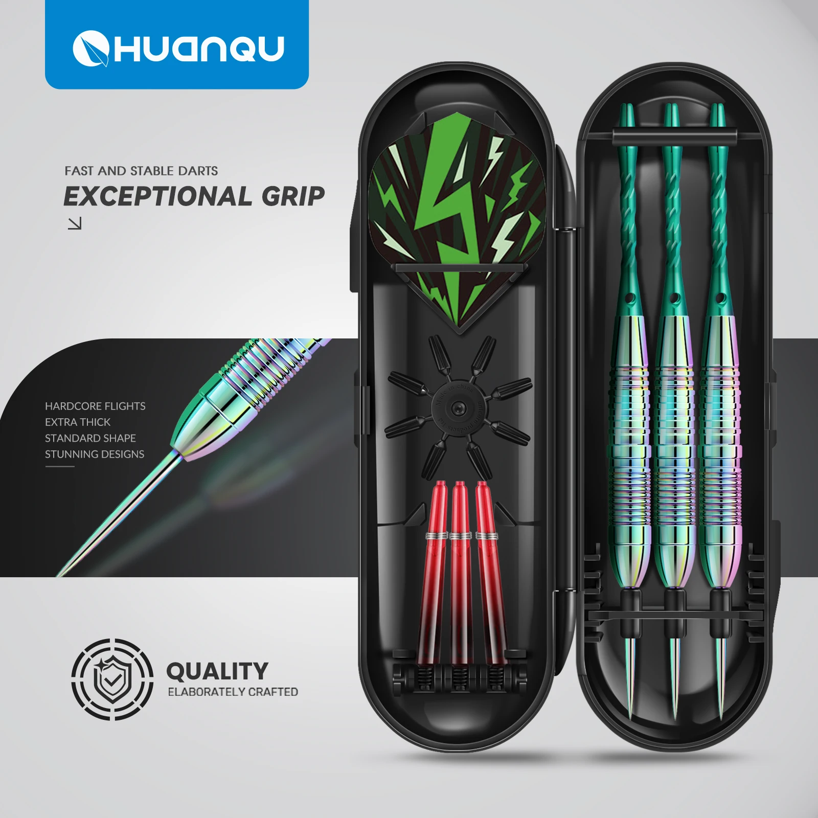 

Набор профессиональных дротиков Huanqu со стальными наконечниками, 3 штуки, с цветными корпусами, включает алюминиевые шафты, перья, точилку для дротиков и чехол.