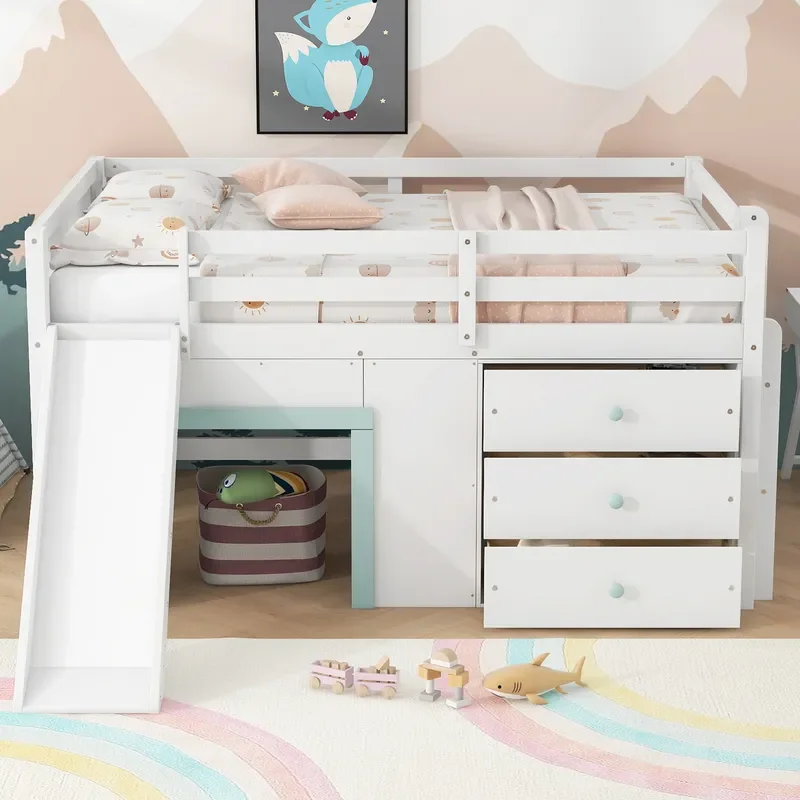 Kids Loft Bed with Slide and Storage Drawers Wooden Elevated Bunk for Bedroom Space Saving Furniture