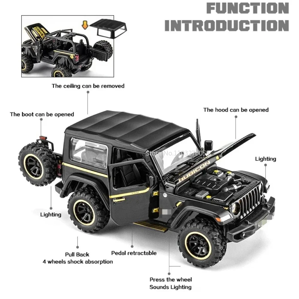 1/32 Wrangler Rubicon Off-road Toy Car Model Alloy Diecast Sound Light Pull Back 4 Door Opened SUV Vehicles for Kids Boys Gifts