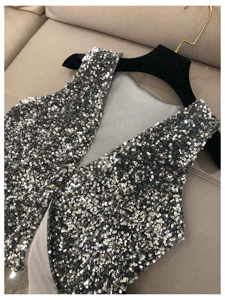 Fashion Women\'s New Heavy Industry Sparkling Sequin Vest Loose Lace Short One Hundred Matching Shirts Small Cardigan Tops