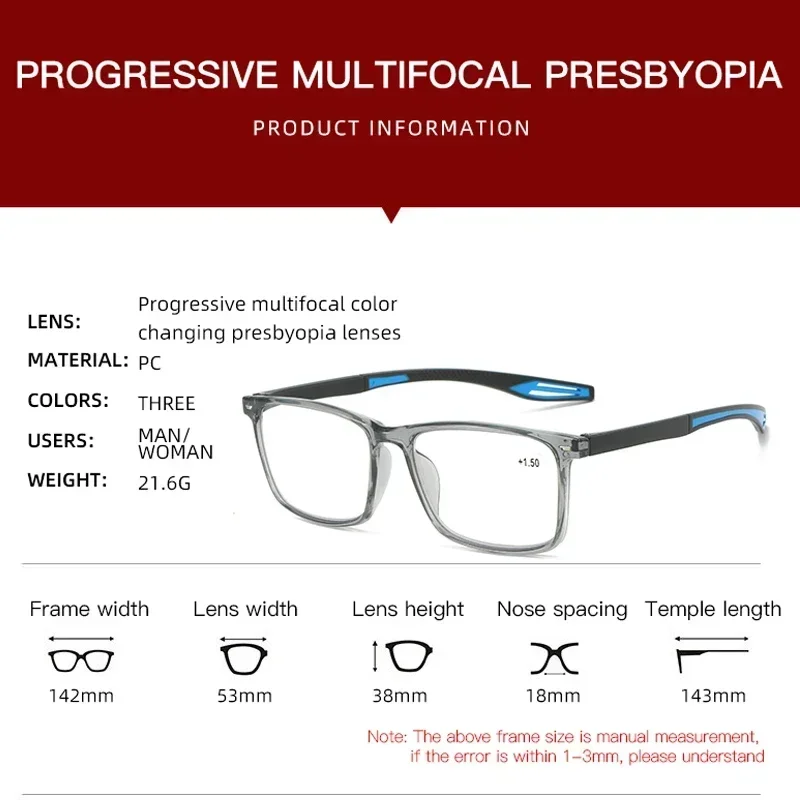 Sports Progressive Reading Glasses Anti Blue Light Multifocal Photochromic Women Retro Presbyopia Eyeglasses Outdoor Sunglasses