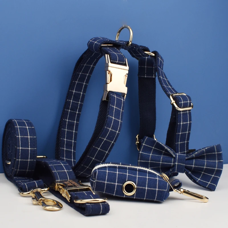 Dark blue check Dog Collar Leashes Harness Bow Set Grid 02 ​