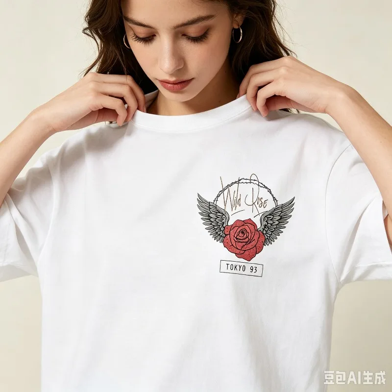 Wild Rose Tokyo 93 Women T‑Shirt Wing Rose Thorn Chest Print Modal Soft Tee for Music Lover Concert Party Holiday Daily Wear