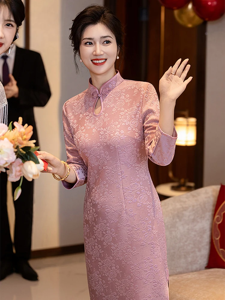 

Pink Mom Long Sve Wedding Dr Ele Vintage Sle Chinese Wedding Dr for ly Women Low Slit Midi Dr