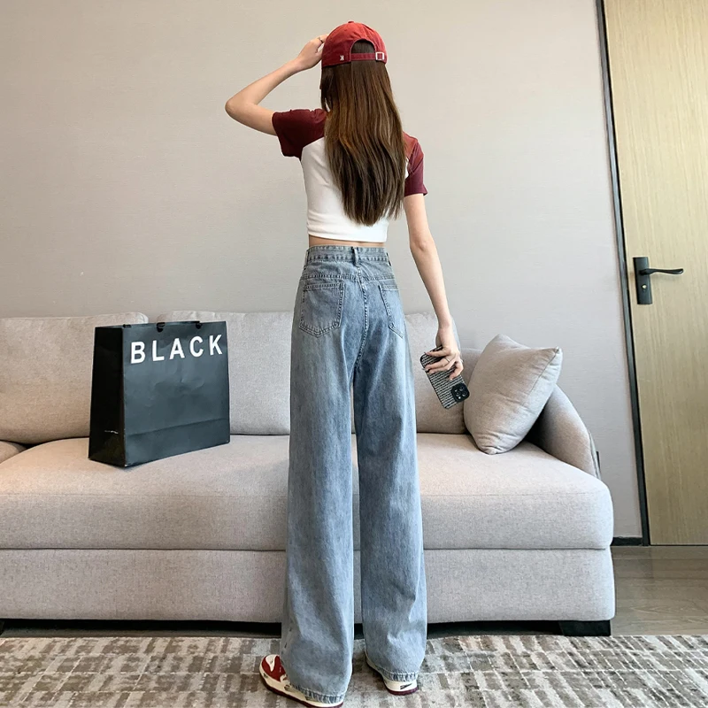 2024 New Soft  Women's Jeans Korean Fashion Design Feel Water Washed Jeans Thin High Waist Straight Loose Womens Baggy Jeans