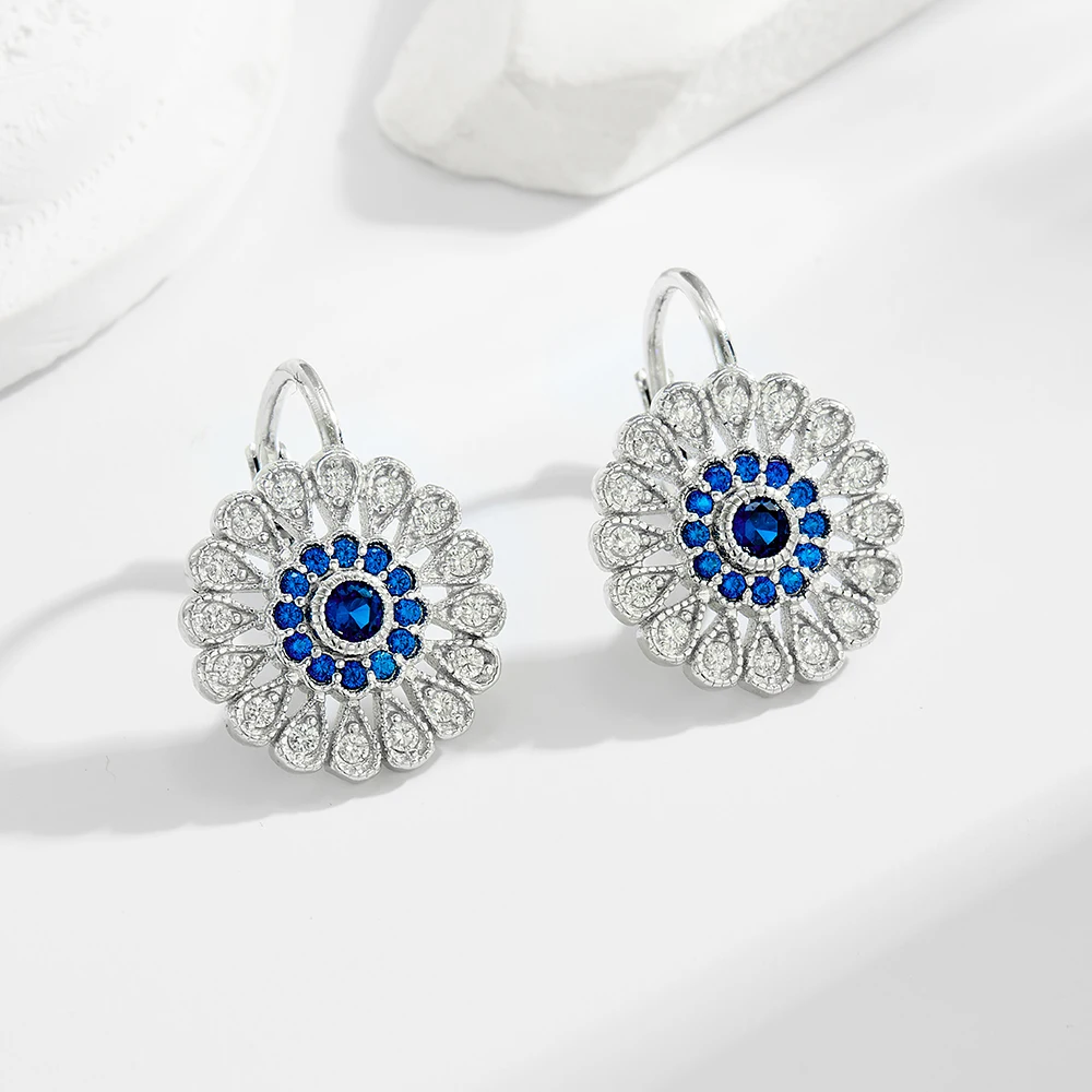 

FULSUN Vintage Blue Evil Eye Sunflower Earrings 925 Sterling Silver Rhodium Plated CZ Drop Earrings For Women