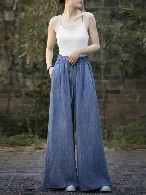 Handgefertigte, gefärbte Hose mit weitem Bein, hohe Taille, gerader Schnitt, lockere Passform, Freizeithose für Damen in Übergröße, Baumwollleinen, Frühling und Herbst