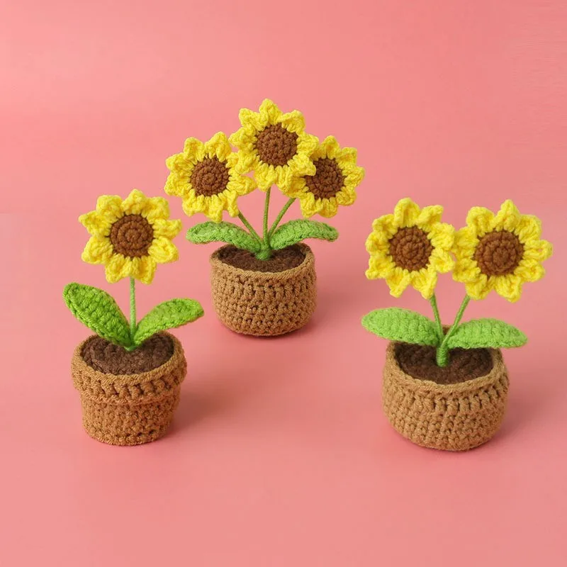 Maceta tejida de girasoles de ganchillo Kawaii, planta hecha a mano, decoración de mesa para coche, Flores de girasol falsas, Tejidas A Crochet