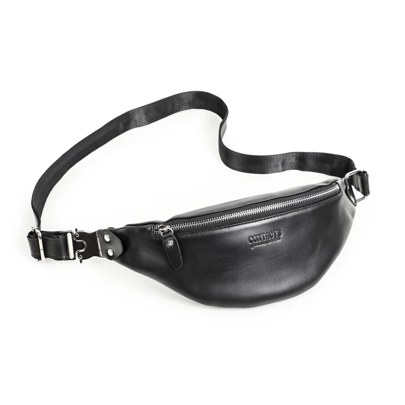 

CONTACT'S Leather Shoulder Bag Black Casual Waist Bags for Women Travel Small Chest Bag Women Fanny Pack Female