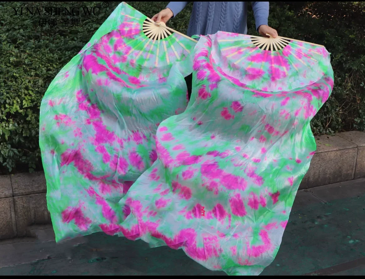 Handmade seda tie dye fãs para performance de dança do ventre, véu de bambu natural, bambu real, alta qualidade, 1 par