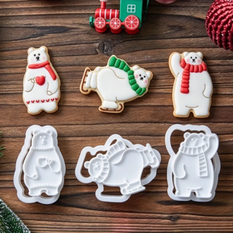 3Pcs Polar Bear Cookie Cutter Set,Winter Christmas Theme Pastry Fondant Cake Molds,DIY Baking Tool for Holiday Party Decorations