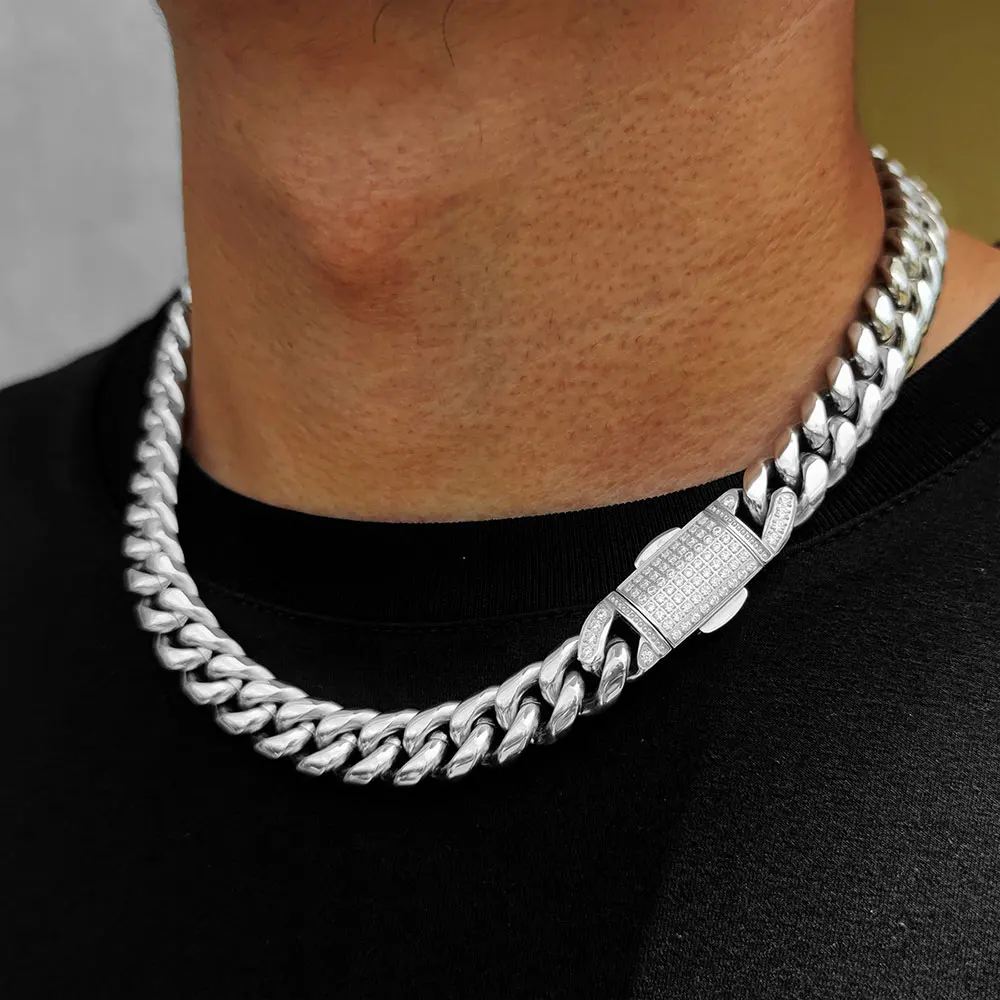 12mm Hip Hop Stainless Steel Jewelry Homme Cadena  Luxury Miami Cuban Link Chain Men Rapper Rock Necklace