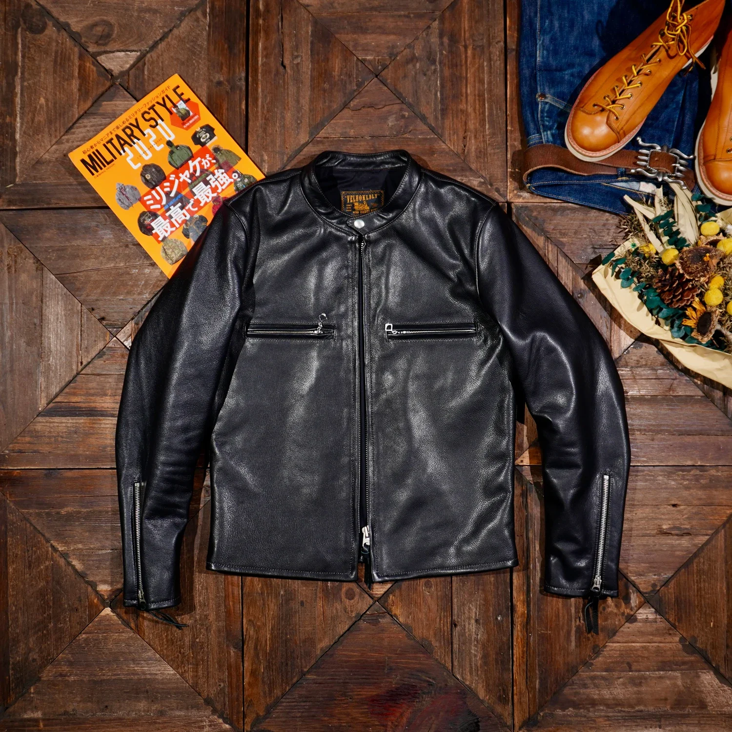 Tailor Brando Italian Full-grain Cowhide Men's Retro Stand-up Collar Short J100 Genuine Leather Biker Jacket