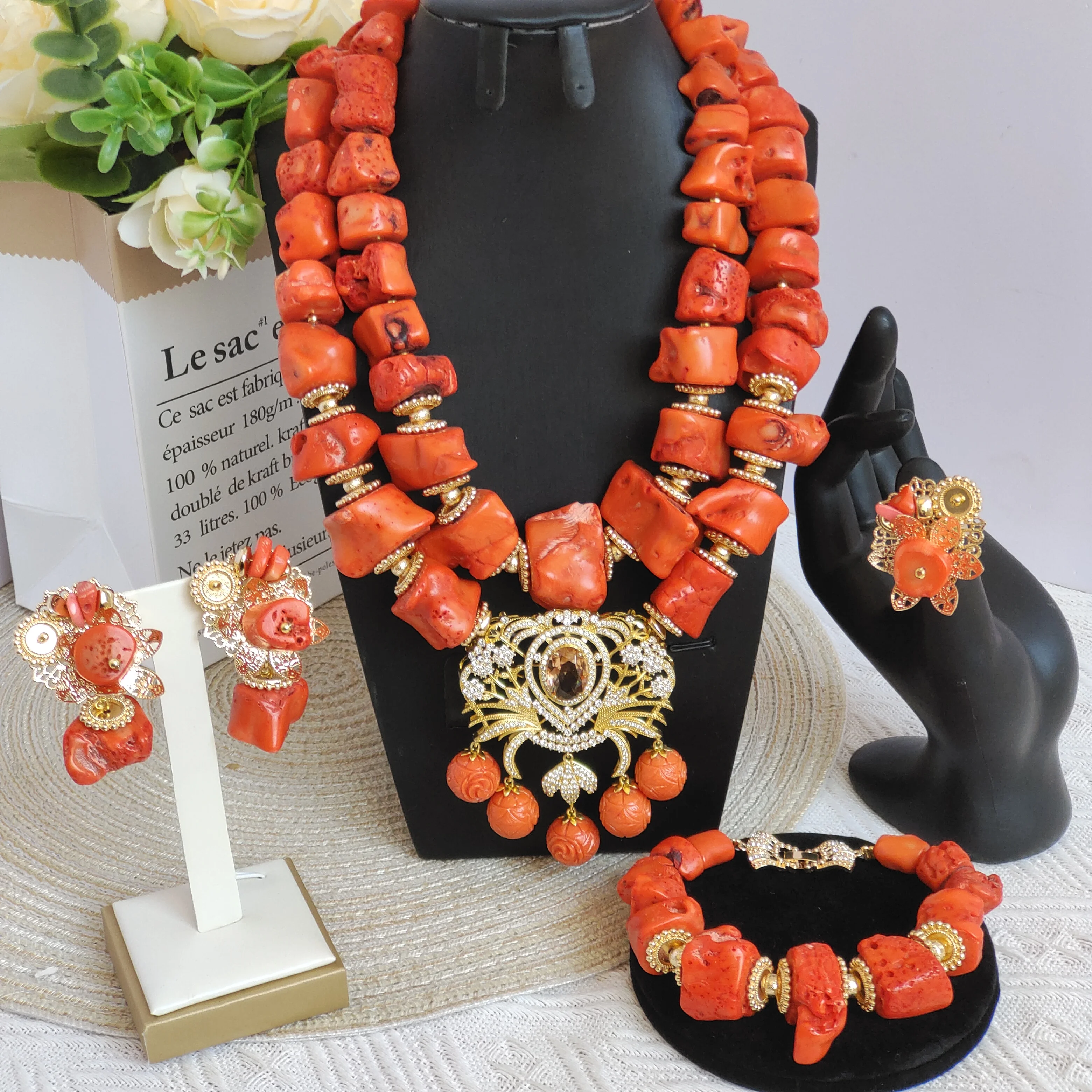 

african wedding beads orange coral necklace jewelry set natural