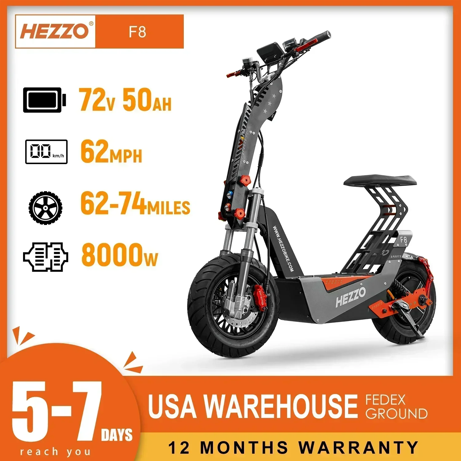 F8 HEZZO Electric Scooter 72v 8000W 50Ah Battery Life 100Km/h Long-range Off-road Scooter 16-inch Foldable Scooter With Seat