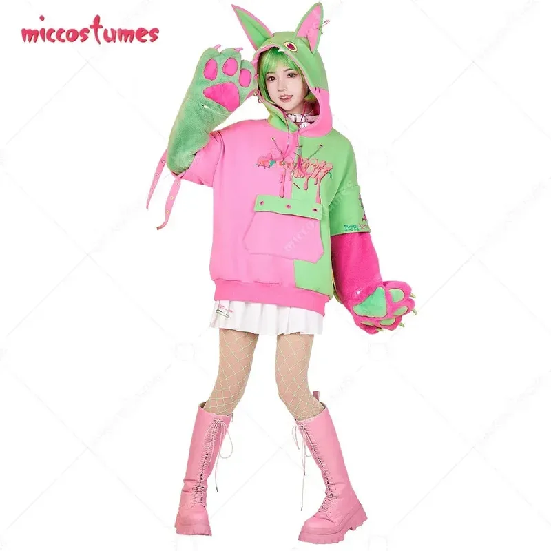 

Miccostumes's-8 Women Pullover with Detachable Bag Furry Paw Design Gloves Green Pink Hoodie