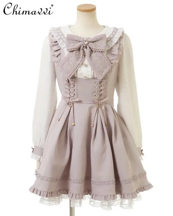 

Liz Japanese Mass-Produced Sweet Cute Bow Lolita Dress Girls Women Lace Patchwork Navy Collar Long Sleeve Elegant Princess Dress