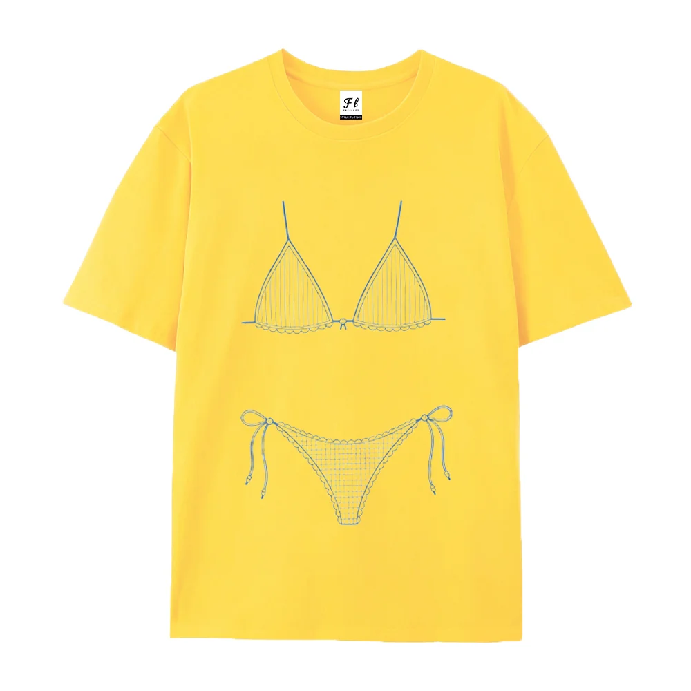 Women Cute Bikini Line Art Graphic T Shirt Front Back Print Summer Beach Casual Crew Neck Cotton Short Sleeve Streetwear Tee