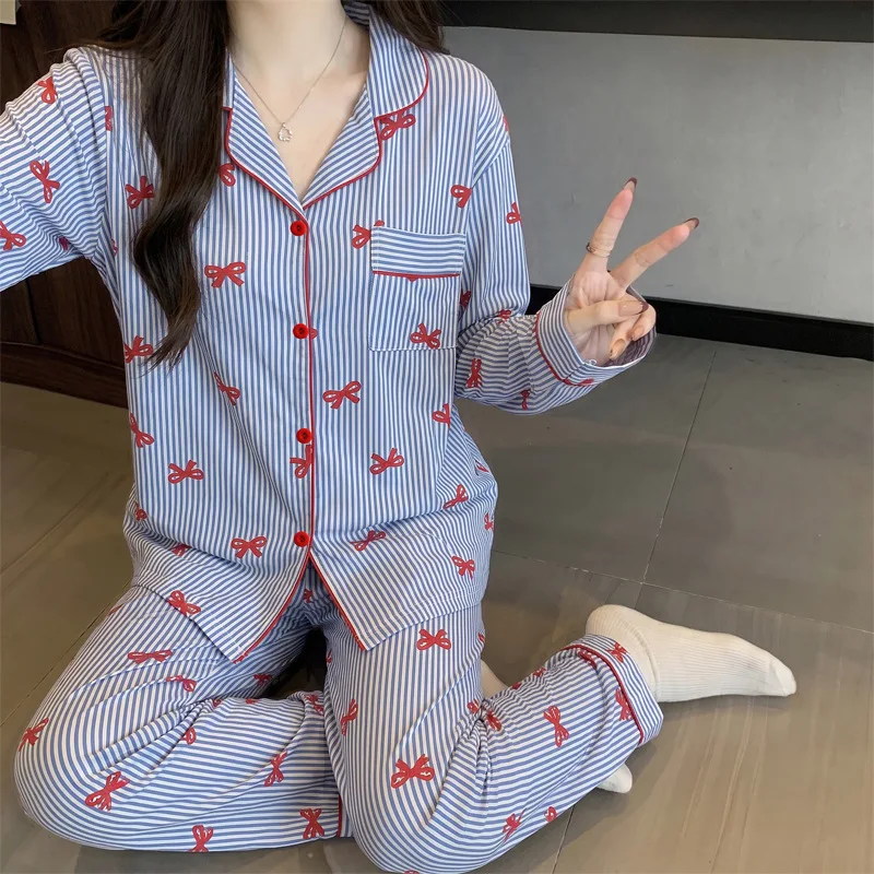 Korean Style Fashion Women's Pajamas, Wrinkled Fabric, Spring and Autumn Long Sleeve Set, Loose and Comfortable Loungewear